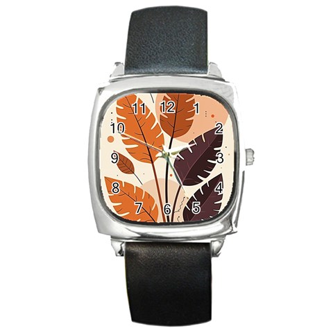 Leaves Boho Monster Nature Square Metal Watch from ArtsNow.com Front