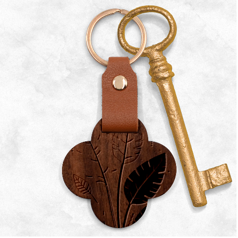 Leaves Boho Monster Nature Engraved Wood Key Chain from ArtsNow.com Front