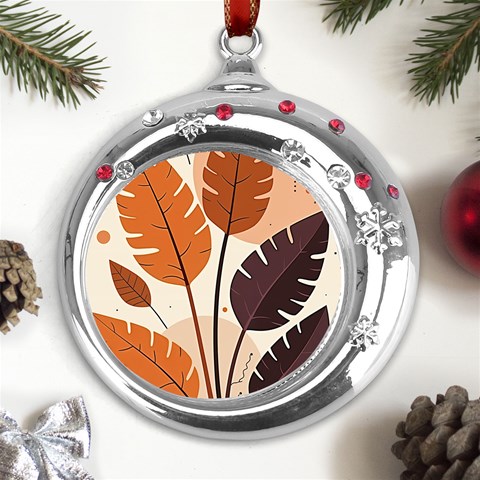 Leaves Boho Monster Nature Metal Snowflake Red Crystal Round Ornament from ArtsNow.com Front