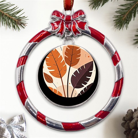 Leaves Boho Monster Nature Metal Red Ribbon Round Ornament from ArtsNow.com Front