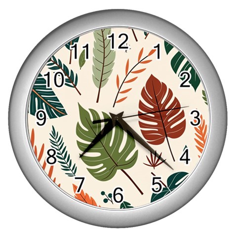 Leaves Autumn Wall Clock (Silver) from ArtsNow.com Front