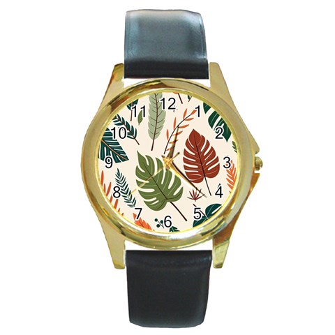 Leaves Autumn Round Gold Metal Watch from ArtsNow.com Front