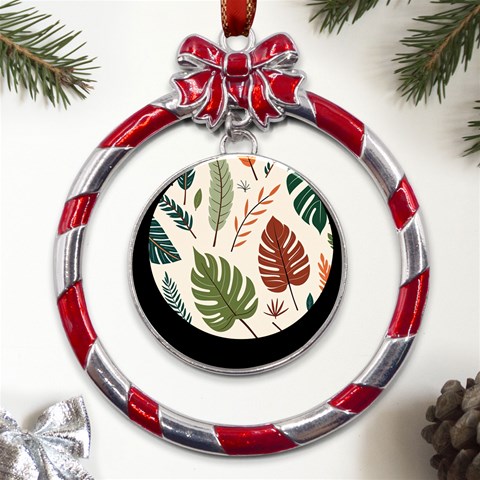 Leaves Autumn Metal Red Ribbon Round Ornament from ArtsNow.com Front