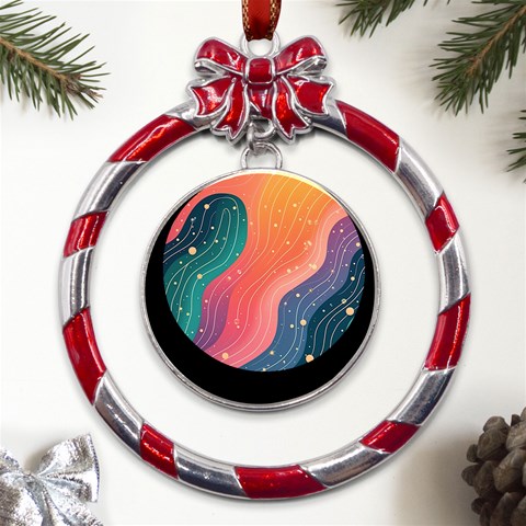 Art Abstract Pattern Metal Red Ribbon Round Ornament from ArtsNow.com Front