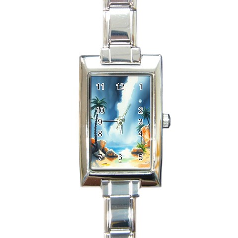 Delicate Watercolor Painting Surreal Oasis Scene With Intense Dramatic Lighting Rectangle Italian Charm Watch from ArtsNow.com Front