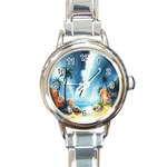 Delicate Watercolor Painting Surreal Oasis Scene With Intense Dramatic Lighting Round Italian Charm Watch