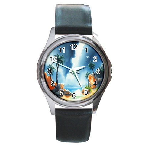 Delicate Watercolor Painting Surreal Oasis Scene With Intense Dramatic Lighting Round Metal Watch from ArtsNow.com Front