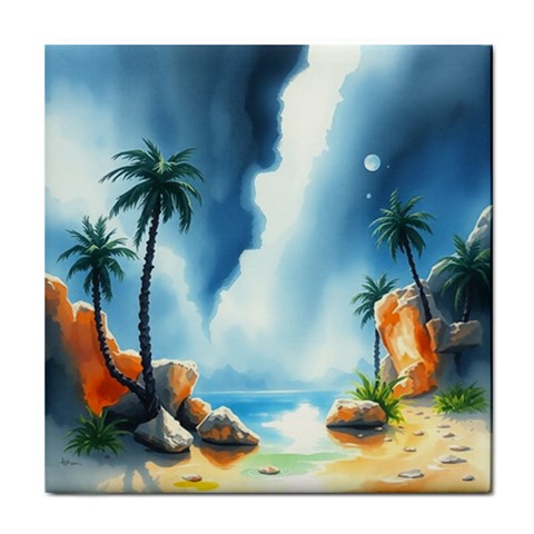 Delicate Watercolor Painting Surreal Oasis Scene With Intense Dramatic Lighting Tile Coaster from ArtsNow.com Front