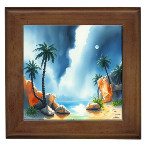 Delicate Watercolor Painting Surreal Oasis Scene With Intense Dramatic Lighting Framed Tile from ArtsNow.com Front