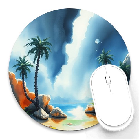 Delicate Watercolor Painting Surreal Oasis Scene With Intense Dramatic Lighting Round Mousepad from ArtsNow.com Front