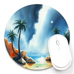 Delicate Watercolor Painting Surreal Oasis Scene With Intense Dramatic Lighting Round Mousepad