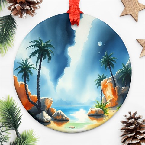 Delicate Watercolor Painting Surreal Oasis Scene With Intense Dramatic Lighting Ornament (Round) from ArtsNow.com Front