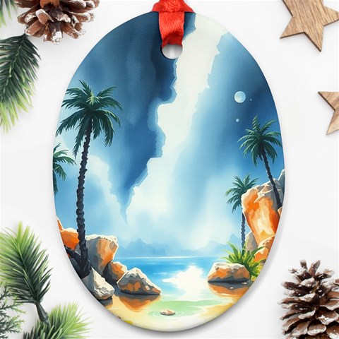 Delicate Watercolor Painting Surreal Oasis Scene With Intense Dramatic Lighting Ornament (Oval) from ArtsNow.com Front