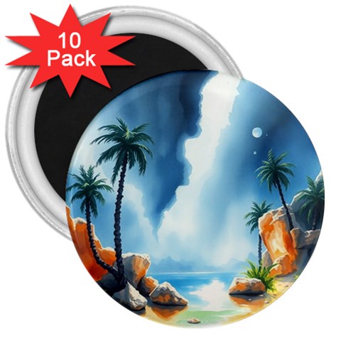 Delicate Watercolor Painting Surreal Oasis Scene With Intense Dramatic Lighting 3  Magnets (10 pack)  from ArtsNow.com Front