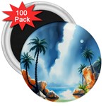 Delicate Watercolor Painting Surreal Oasis Scene With Intense Dramatic Lighting 3  Magnets (100 pack)