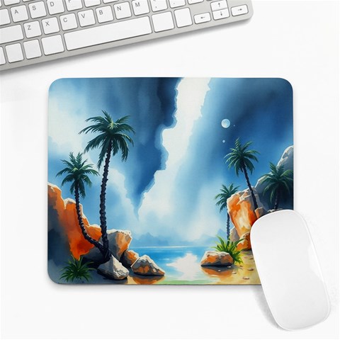 Delicate Watercolor Painting Surreal Oasis Scene With Intense Dramatic Lighting Large Mousepad from ArtsNow.com Front