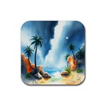 Delicate Watercolor Painting Surreal Oasis Scene With Intense Dramatic Lighting Rubber Coaster (Square)