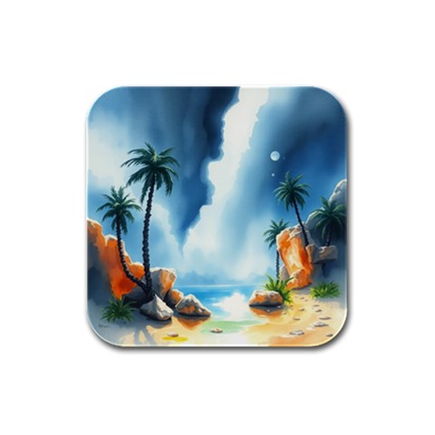 Delicate Watercolor Painting Surreal Oasis Scene With Intense Dramatic Lighting Rubber Square Coaster (4 pack) from ArtsNow.com Front