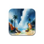 Delicate Watercolor Painting Surreal Oasis Scene With Intense Dramatic Lighting Rubber Square Coaster (4 pack)