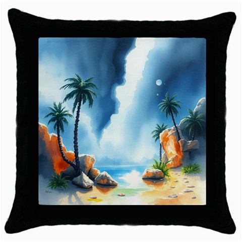 Delicate Watercolor Painting Surreal Oasis Scene With Intense Dramatic Lighting Throw Pillow Case (Black) from ArtsNow.com Front