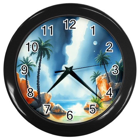 Delicate Watercolor Painting Surreal Oasis Scene With Intense Dramatic Lighting Wall Clock (Black) from ArtsNow.com Front