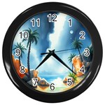 Delicate Watercolor Painting Surreal Oasis Scene With Intense Dramatic Lighting Wall Clock (Black)