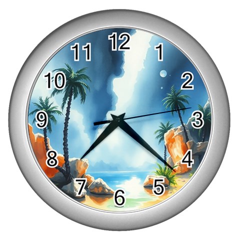 Delicate Watercolor Painting Surreal Oasis Scene With Intense Dramatic Lighting Wall Clock (Silver) from ArtsNow.com Front