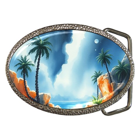 Delicate Watercolor Painting Surreal Oasis Scene With Intense Dramatic Lighting Belt Buckles from ArtsNow.com Front