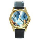 Delicate Watercolor Painting Surreal Oasis Scene With Intense Dramatic Lighting Round Gold Metal Watch