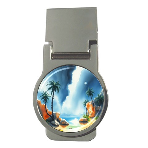 Delicate Watercolor Painting Surreal Oasis Scene With Intense Dramatic Lighting Money Clips (Round)  from ArtsNow.com Front