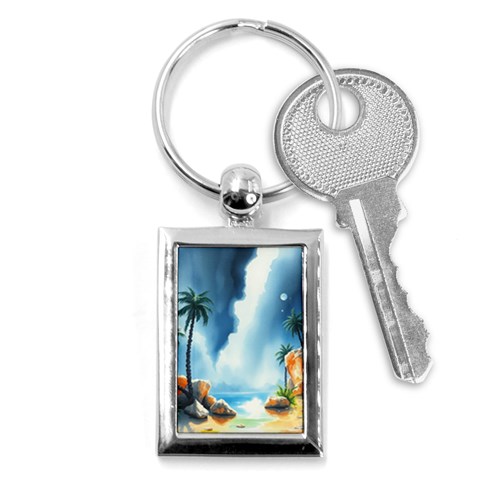 Delicate Watercolor Painting Surreal Oasis Scene With Intense Dramatic Lighting Key Chain (Rectangle) from ArtsNow.com Front