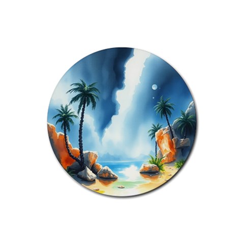 Delicate Watercolor Painting Surreal Oasis Scene With Intense Dramatic Lighting Rubber Coaster (Round) from ArtsNow.com Front