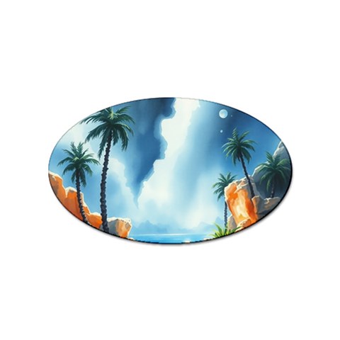 Delicate Watercolor Painting Surreal Oasis Scene With Intense Dramatic Lighting Sticker (Oval) from ArtsNow.com Front