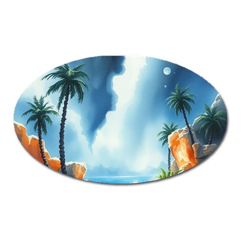 Delicate Watercolor Painting Surreal Oasis Scene With Intense Dramatic Lighting Oval Magnet from ArtsNow.com Front