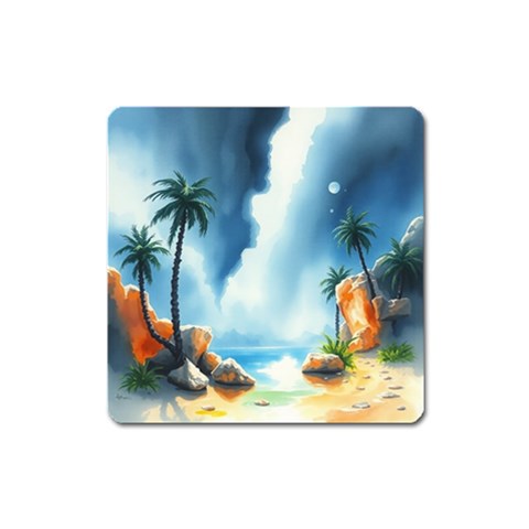 Delicate Watercolor Painting Surreal Oasis Scene With Intense Dramatic Lighting Square Magnet from ArtsNow.com Front