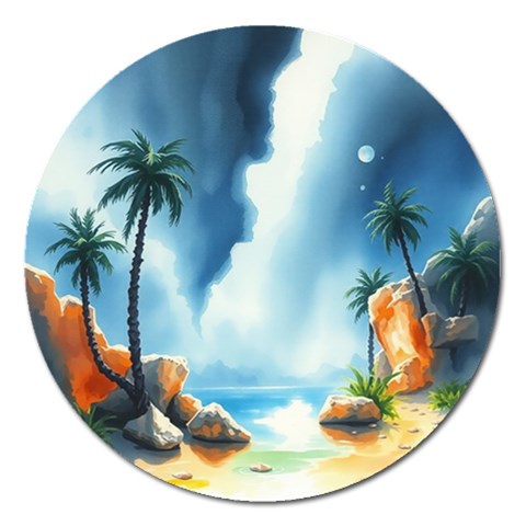 Delicate Watercolor Painting Surreal Oasis Scene With Intense Dramatic Lighting Magnet 5  (Round) from ArtsNow.com Front