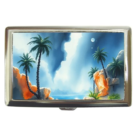 Delicate Watercolor Painting Surreal Oasis Scene With Intense Dramatic Lighting Cigarette Money Case from ArtsNow.com Front