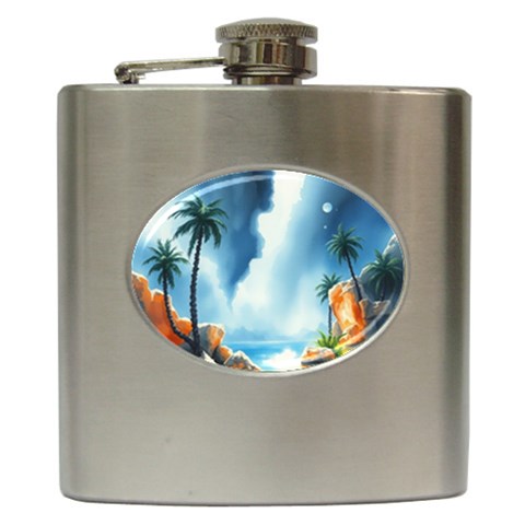 Delicate Watercolor Painting Surreal Oasis Scene With Intense Dramatic Lighting Hip Flask (6 oz) from ArtsNow.com Front