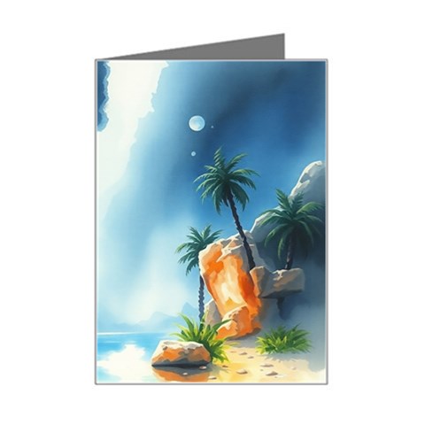 Delicate Watercolor Painting Surreal Oasis Scene With Intense Dramatic Lighting Mini Greeting Card from ArtsNow.com Left