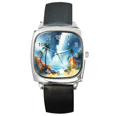 Delicate Watercolor Painting Surreal Oasis Scene With Intense Dramatic Lighting Square Metal Watch from ArtsNow.com Front