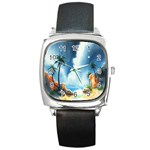 Delicate Watercolor Painting Surreal Oasis Scene With Intense Dramatic Lighting Square Metal Watch