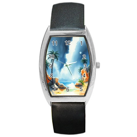 Delicate Watercolor Painting Surreal Oasis Scene With Intense Dramatic Lighting Barrel Style Metal Watch from ArtsNow.com Front