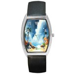 Delicate Watercolor Painting Surreal Oasis Scene With Intense Dramatic Lighting Barrel Style Metal Watch