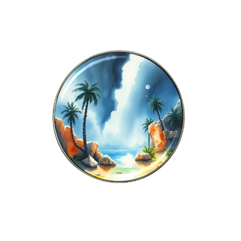 Delicate Watercolor Painting Surreal Oasis Scene With Intense Dramatic Lighting Hat Clip Ball Marker from ArtsNow.com Front