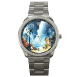 Delicate Watercolor Painting Surreal Oasis Scene With Intense Dramatic Lighting Sport Metal Watch