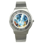 Delicate Watercolor Painting Surreal Oasis Scene With Intense Dramatic Lighting Stainless Steel Watch