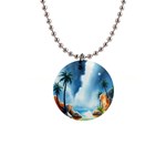 Delicate Watercolor Painting Surreal Oasis Scene With Intense Dramatic Lighting 1  Button Necklace