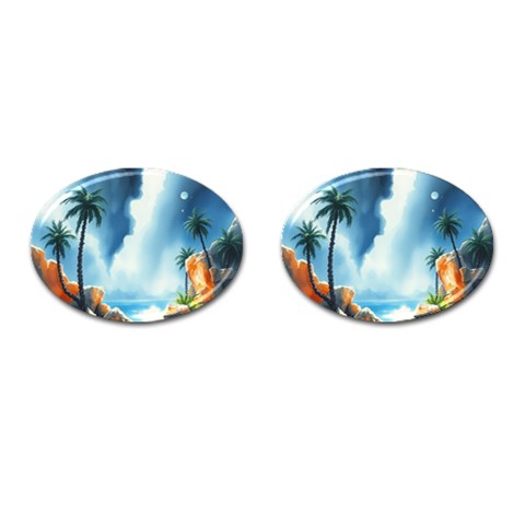 Delicate Watercolor Painting Surreal Oasis Scene With Intense Dramatic Lighting Cufflinks (Oval) from ArtsNow.com Front(Pair)