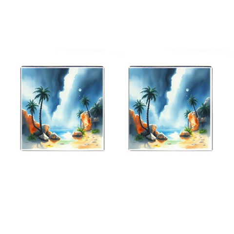 Delicate Watercolor Painting Surreal Oasis Scene With Intense Dramatic Lighting Cufflinks (Square) from ArtsNow.com Front(Pair)