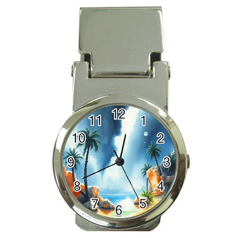 Delicate Watercolor Painting Surreal Oasis Scene With Intense Dramatic Lighting Money Clip Watches from ArtsNow.com Front